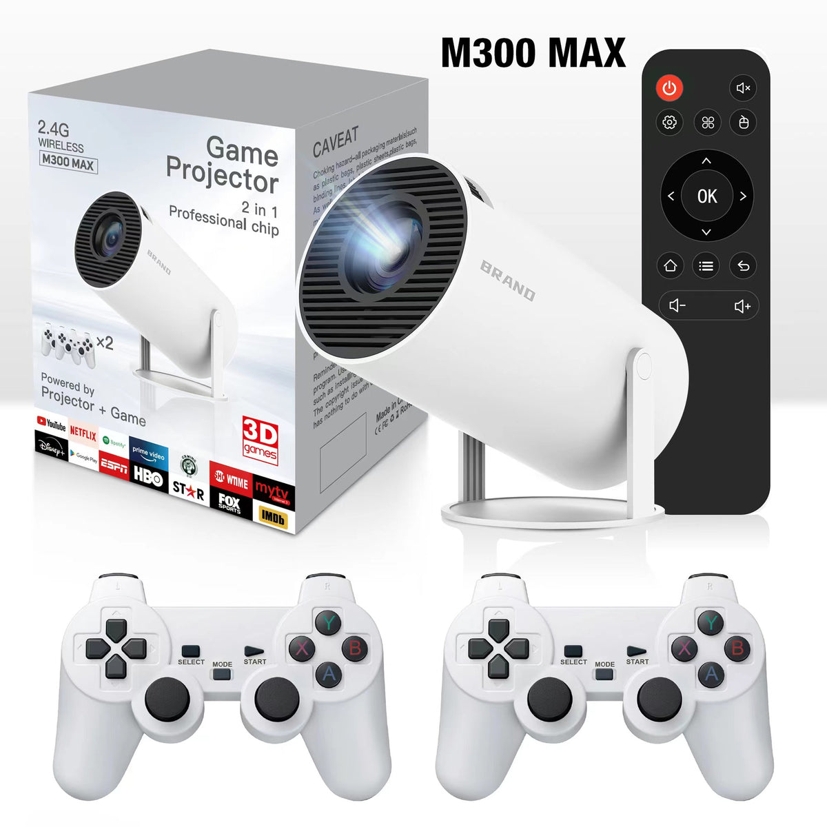 M300 MAX Game Projector, Portable Smart Android Projector With 2 Wireless Game Controllers, 720P Native Support 4K, 150 Screen, 35W Home Theater Video Projector For Outdoor & Indoor Movie Gaming, EU